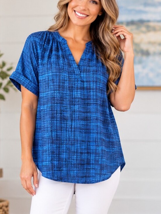 Worthington Tops - Worthington Petite Blue & Black Plaid Short-Sleeve Top – Petite Small